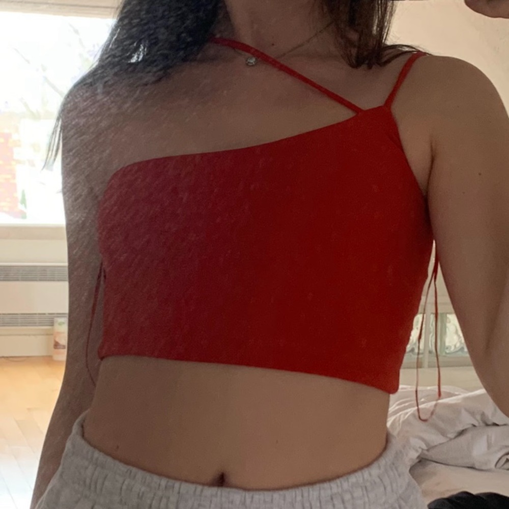 red asymmetrical crop top!
